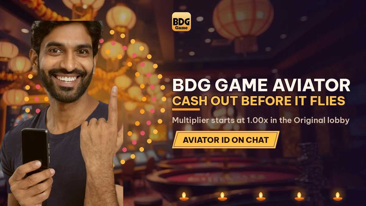 BDG Game Aviator Cash Out before it Flies banner with a man in a navy tee pointing up, phone in hand