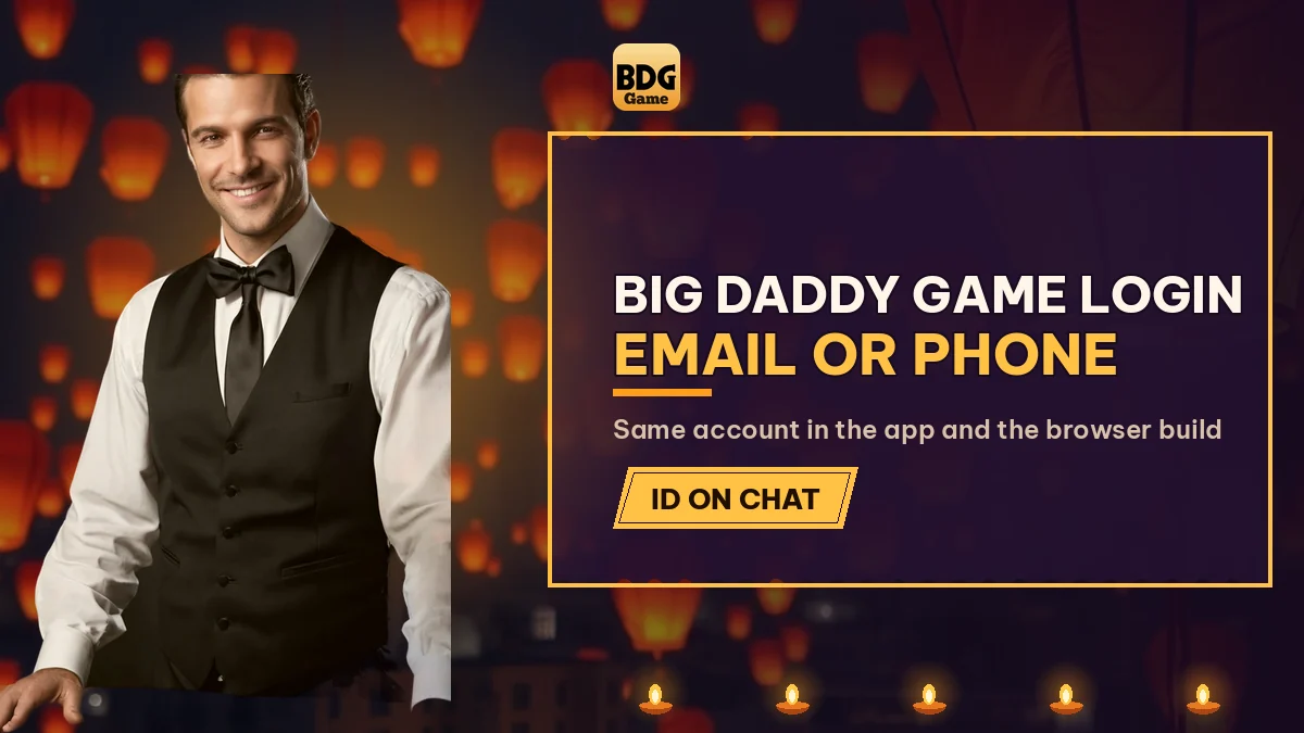 Big Daddy Game Login Email or Phone banner with a card dealer in a black waistcoat