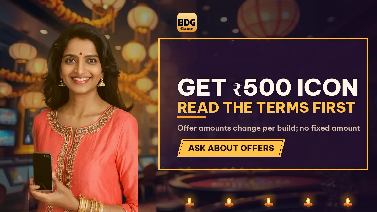 Get ₹500 Icon Read the Terms First banner with a woman in a coral kurta with a phone