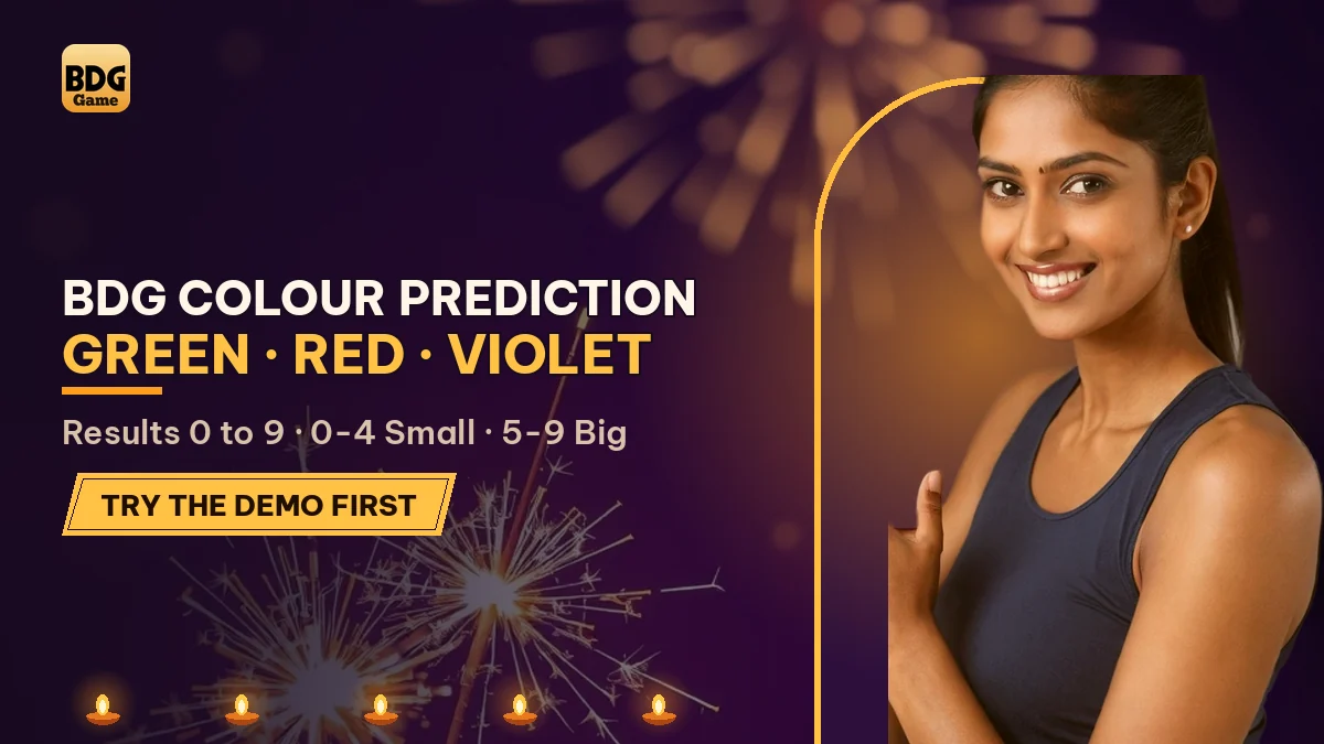 BDG Colour Prediction Green, Red, Violet banner with a cricketer showing her phone
