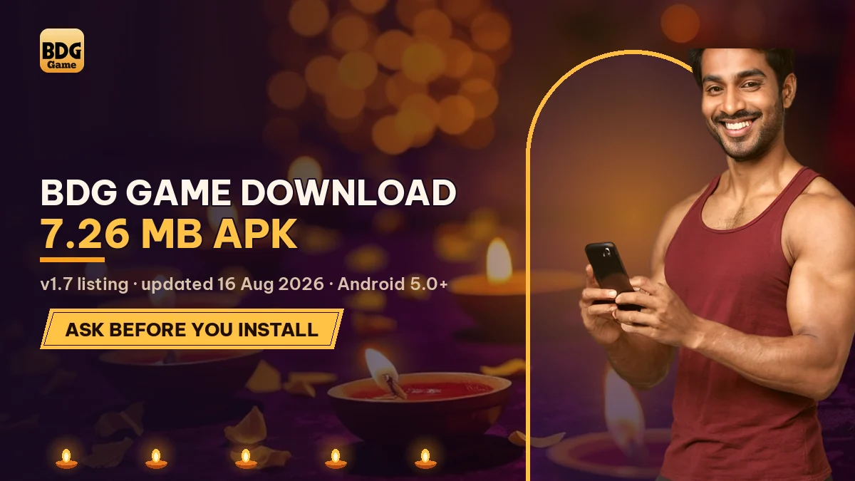 BDG Game Download 7.26 MB APK banner with a fan in a maroon vest with a phone