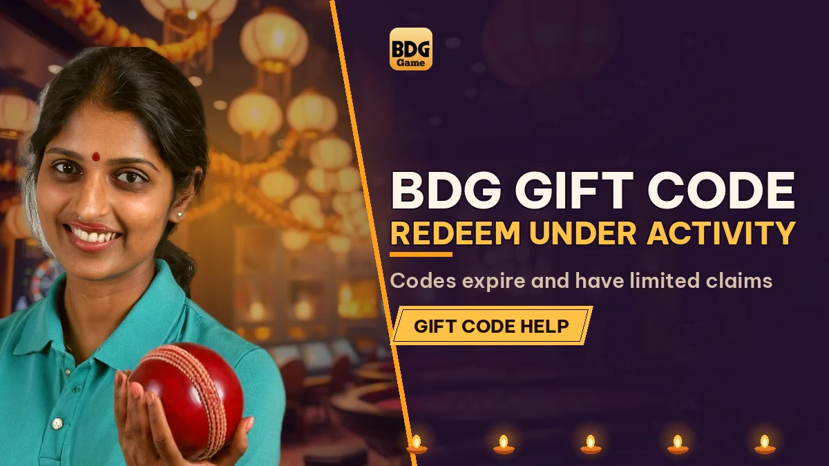 BDG Gift Code Redeem Under Activity banner with a cricketer in a teal polo with a ball