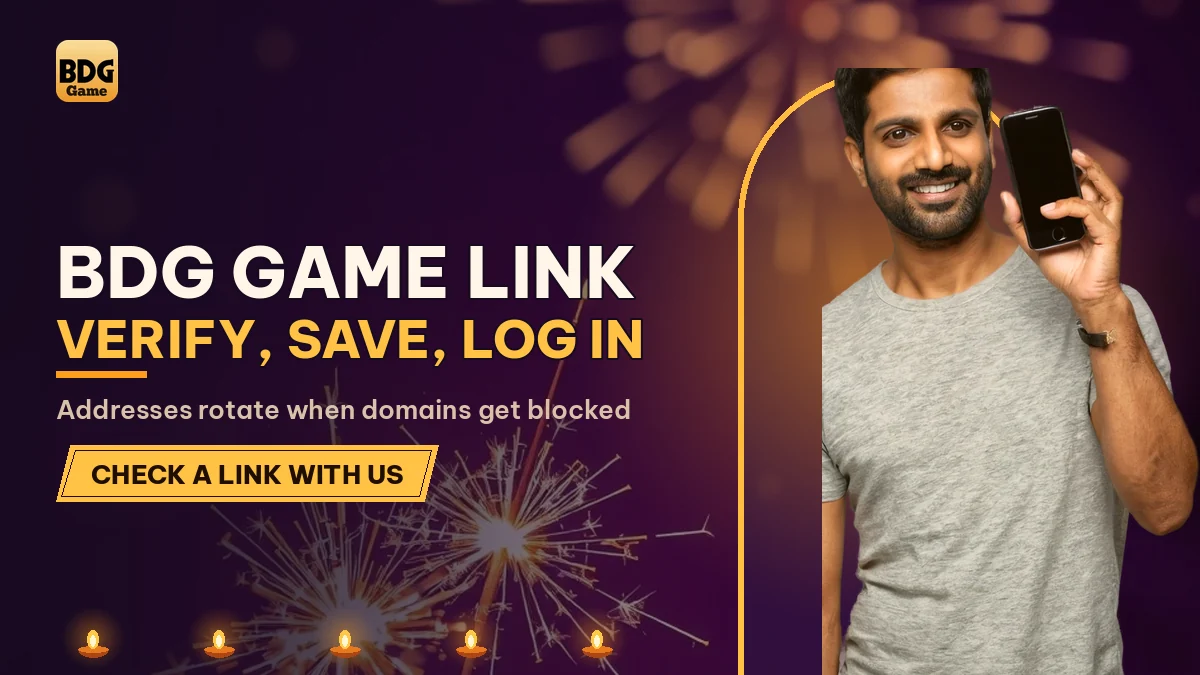 BDG Game Link Verify, Save, Log In banner with a man in a grey tee holding a phone up high