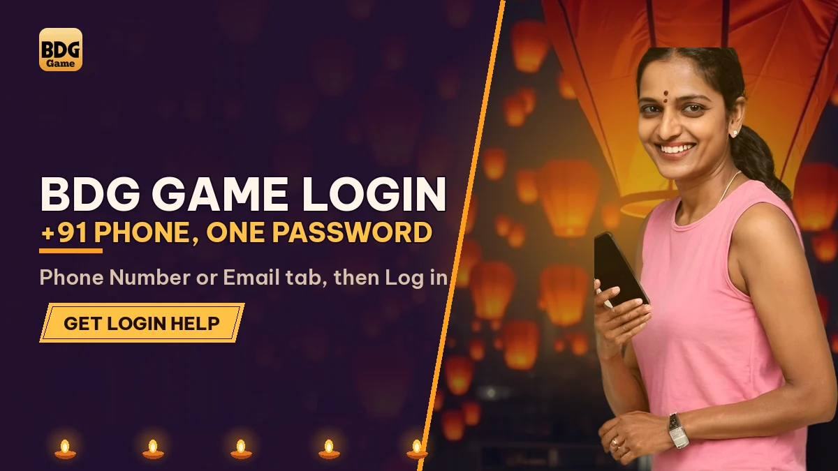 BDG Game Login +91 Phone, One Password banner with a cricketer holding a smartphone