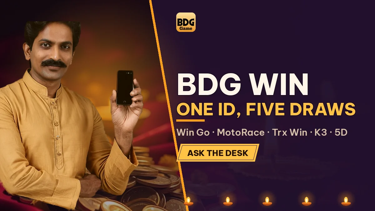 BDG Win One ID, Five Draws banner with a man in a mustard kurta holding up a phone